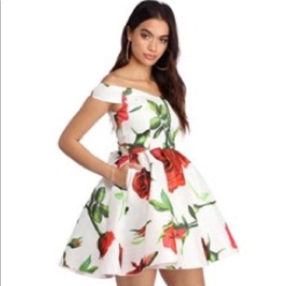 long white dress with red roses